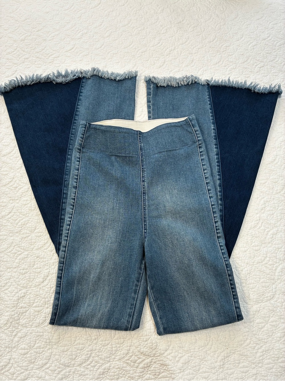 Show Me Your Mumu Berkeley Bell Bottom Jeans Boho Two Tone Fringe Hem Stretch S